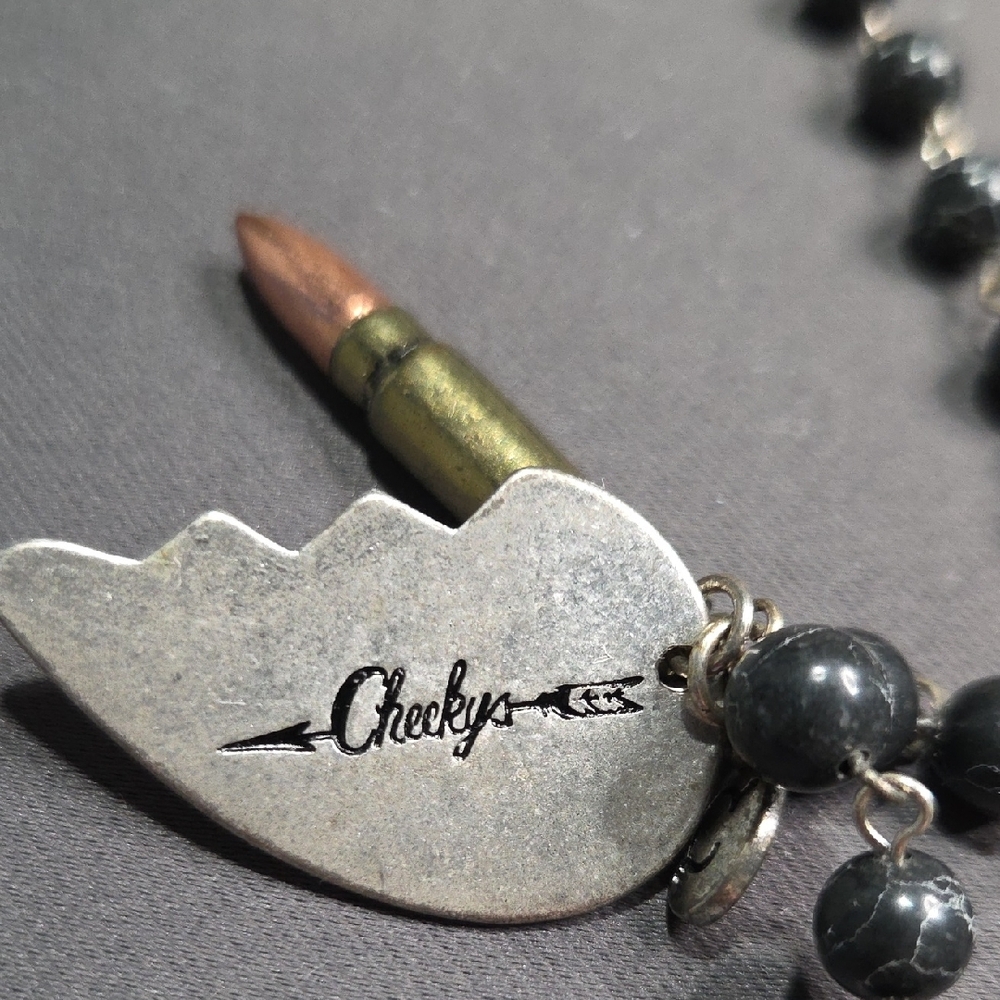 Silver and Black Beaded Necklace with Bullet Pendant - Picture 3 of 5